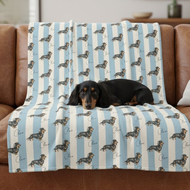 Cobertor De Velo Nome de Pet Dachshund de Faixa Azul Personalizado (Get cozy with this "Custom Blue Stripe Dachshund Pet Name Fleece Blanket"!)