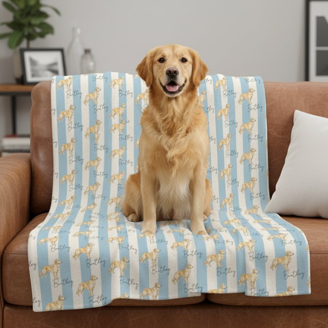 Cobertor De Velo Nome de Pet do Ouro de Stripe Azul Personalizado (Get cozy with this "Custom Blue Stripe Golden Retriever Pet Name Fleece Blanket"! )