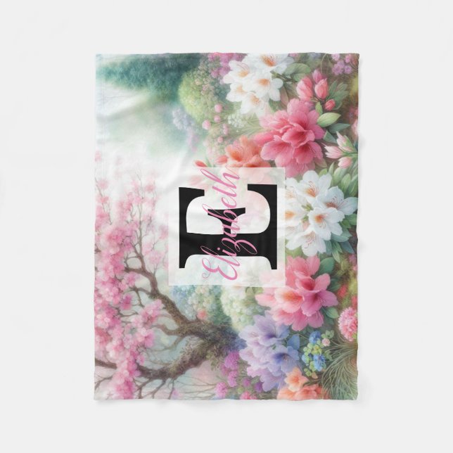 Cobertor De Velo Nome do monograma na aquarela Flores nos pastéis (Frente)