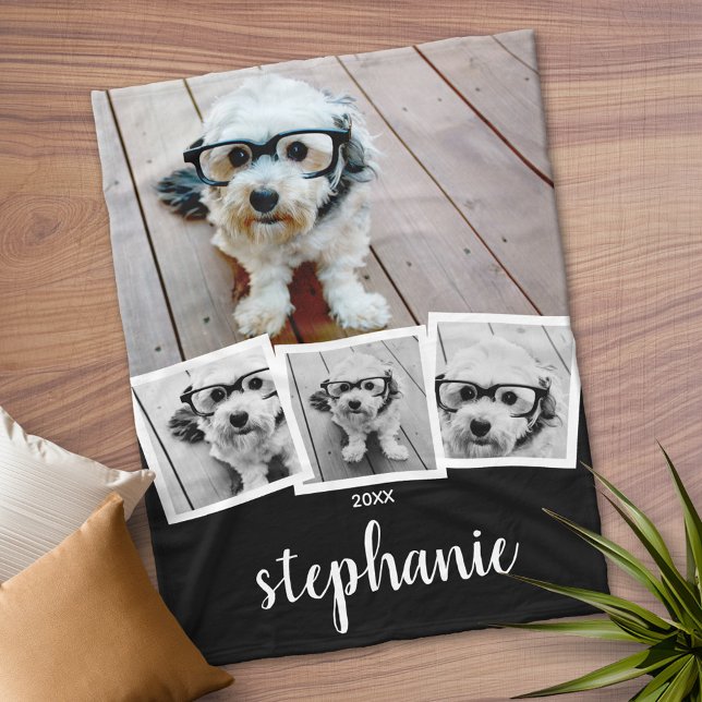 Cobertor De Velo Nome do Script de Colagem de 4 Fotos Branco Preto  (Personalized Fleece Blanket)