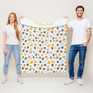 Cobertor De Velo Nome Monograma Azul Laranja Amarelo Gatos Fofos