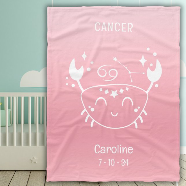 Cobertor De Velo Nome Personalizado Cancer Zodiac Birthdate Rosa (Criador carregado)