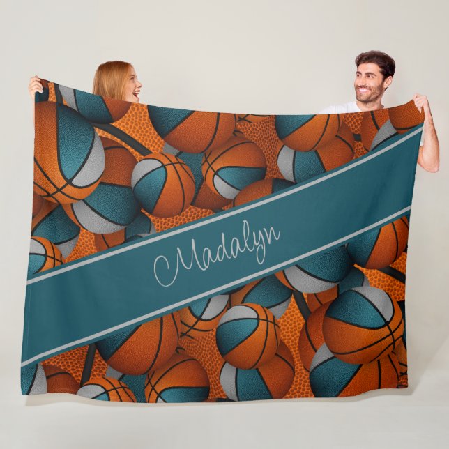 Cobertor De Velo nome personalizado cinza teal basketball padrão (In Situ)