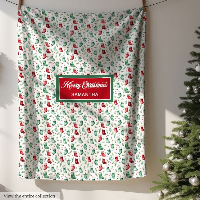 Cobertor De Velo Nome personalizado de estocagem de Natal verde clá (Classic red green Christmas stocking custom name Fleece Blanket )