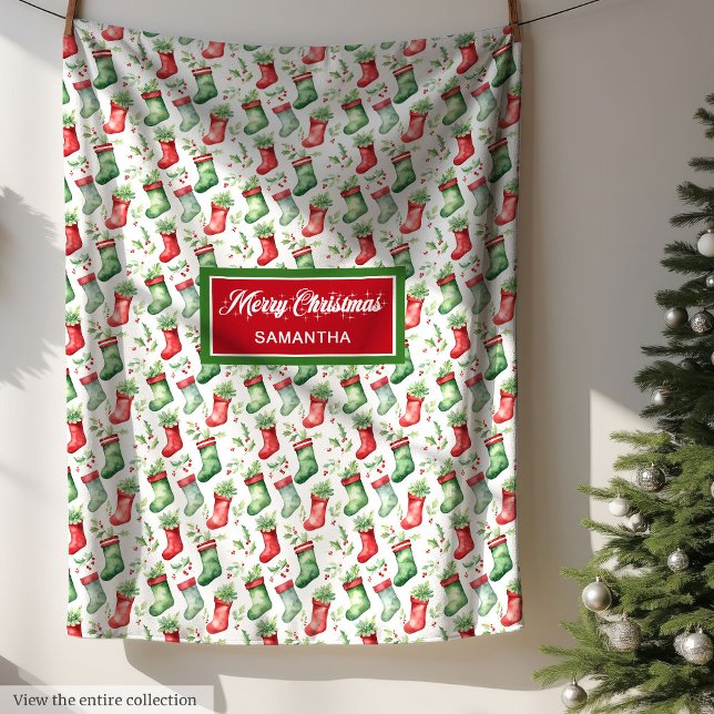 Cobertor De Velo Nome personalizado de estocagem de Natal verde clá (Classic red green Christmas stocking custom name Fleece Blanket )