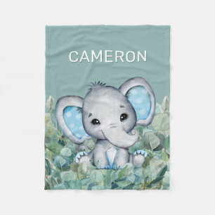 Cobertor De Velo Nome Personalizado do Elefante Verde Azul