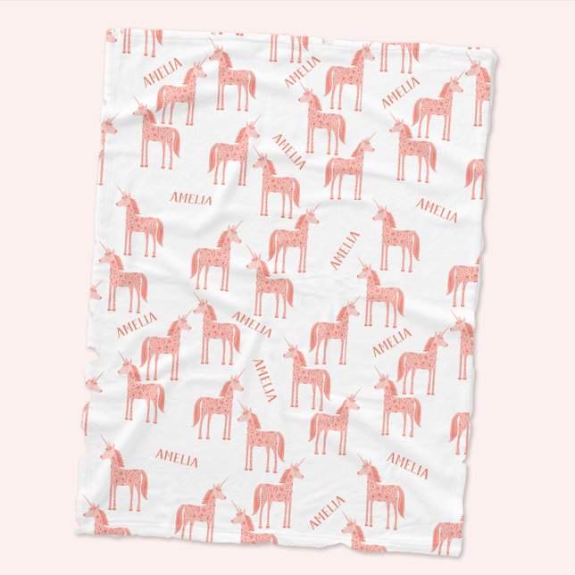 Cobertor De Velo Nome Personalizado do Unicorn Rosa (Personalized custom name pink unicorn pattern baby fleece blanket)