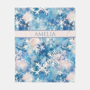 Cobertor De Velo Nome Personalizado, Flocos de Neve em Aquarela Azu