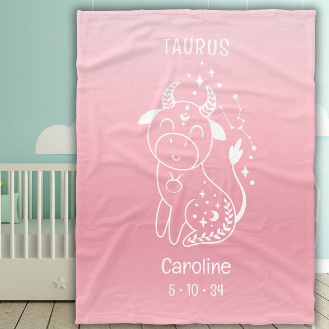 Cobertor De Velo Nome Personalizado Menina Taurus Zodiac Rosa (Criador carregado)