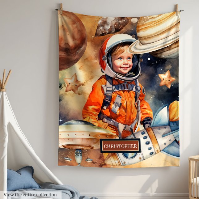 Cobertor De Velo Nome Personalizado Planetas de Astronautas em Aber (Custom Name Space Blanket Astronaut Planets Boys)
