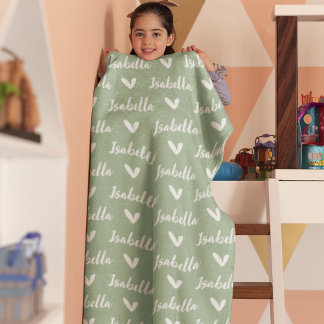 Cobertor De Velo Nome Personalizado Verde Dusty em Aberto com Coraç