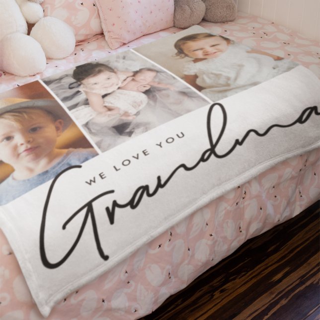 Cobertor De Velo Nós te amamos, vovó Script 3 fotos personalizadas (We love you grandma photo blankets of grandkids.)