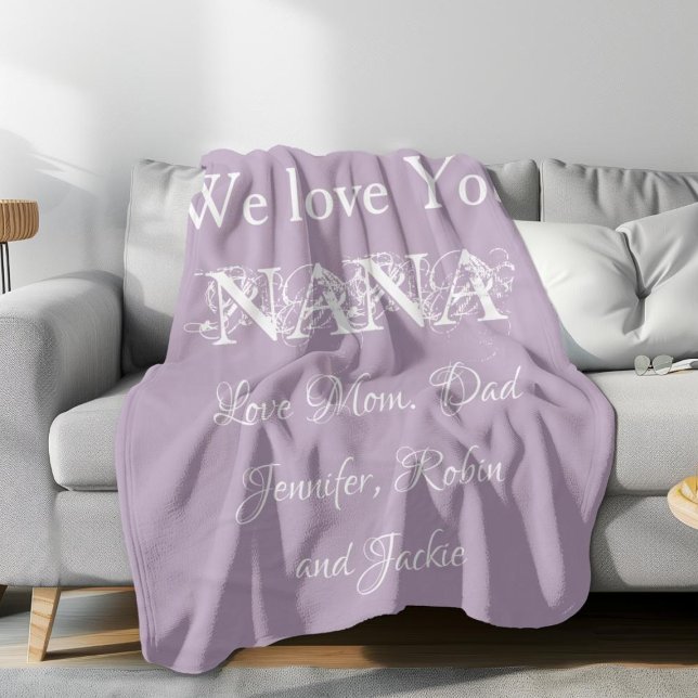 Cobertor De Velo 'Nós Te Amo Nana' Nomes Personalizados Grande Mauv (We Love You Nana' Custom Family Names Gorgeous Mauve Fleece Blanket.)