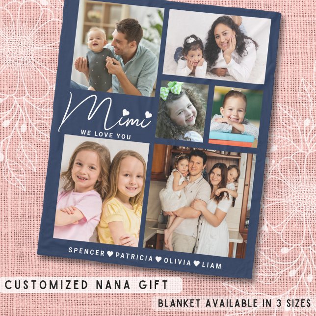 Cobertor De Velo Nós Te Amo Netos Mimi 6 Fotocolagem Azul (We Love You Mimi Grandkids 6 Photo Collage Blue Fleece Blanket
)