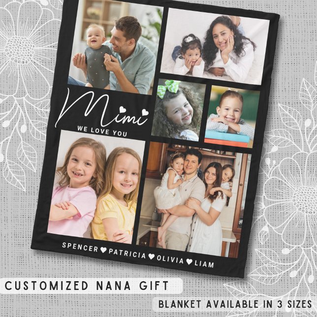 Cobertor De Velo Nós Te Amo Netos Mimi Nomes 6 Colagem Fotográfica (We Love You Mimi Grandkids Names 6 Photo Collage Fleece Blanket)