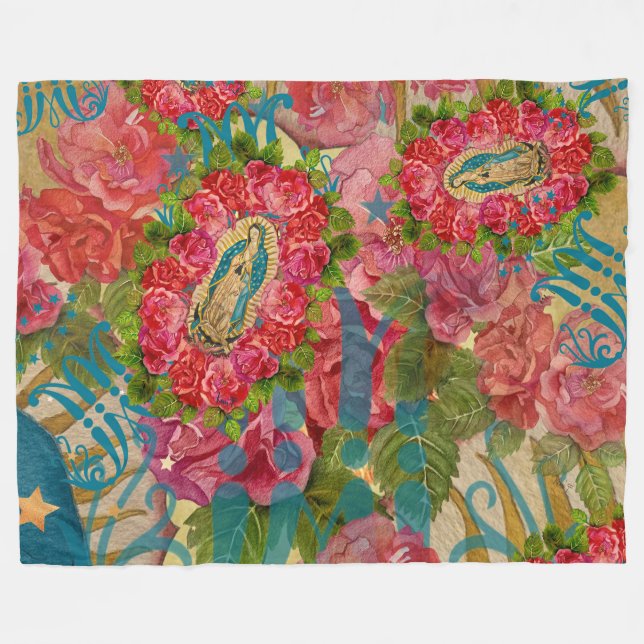 Cobertor De Velo Nossa Senhora de Guadalupe e Rosa Fleece Blanket (Frente (Horizontal))