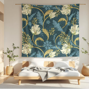 Cobertor De Velo Nouveau de Creme e Arte Floral Azul