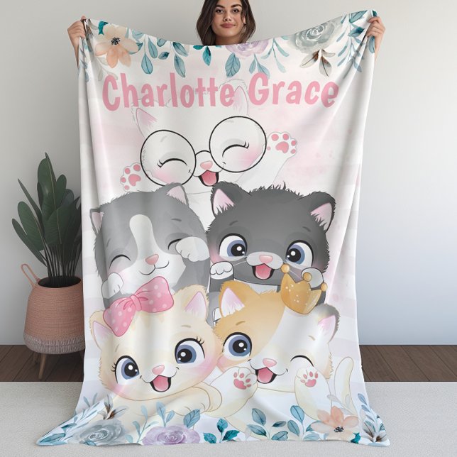 Cobertor De Velo Oh, Então, Menina Feliz Gatinho Feliz Amigos Feliz (Oh So Girly Cute Happy Kitten Friends Floral Name Fleece Blanket)