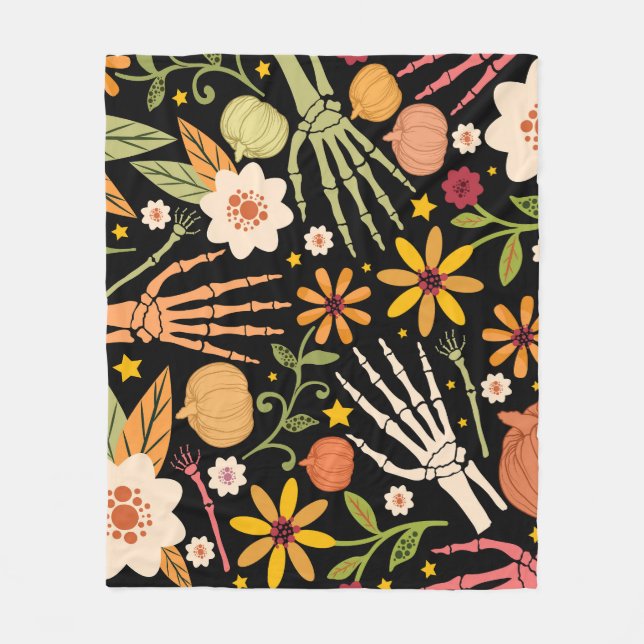 Cobertor De Velo Ossos de Halloween, padrão floral uniforme. (Frente)