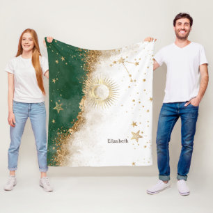 Cobertor De Velo Ouro Celestial Sol e Lua Estrelas Verde