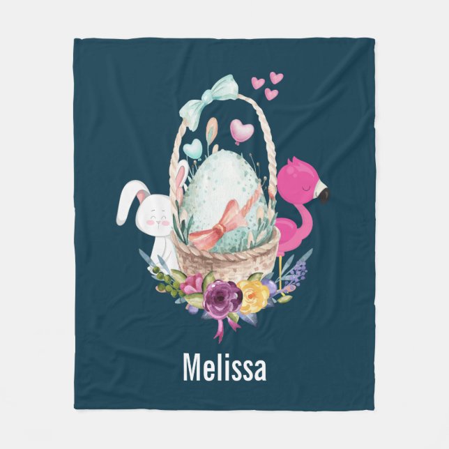 Cobertor De Velo Ovo Bonito, Flamingo Rosa E Coelhinho, Aquarela (Frente)