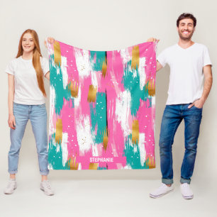 Cobertor De Velo Padrão Abstrato de Pincelada Rosa Dourado Menta