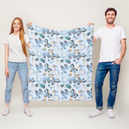 Cobertor De Velo Padrão Azul de Bebê Menino em Aquarela com Roupas 