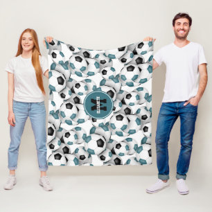 Cobertor De Velo padrão das bolas de futebol preto teal monograma