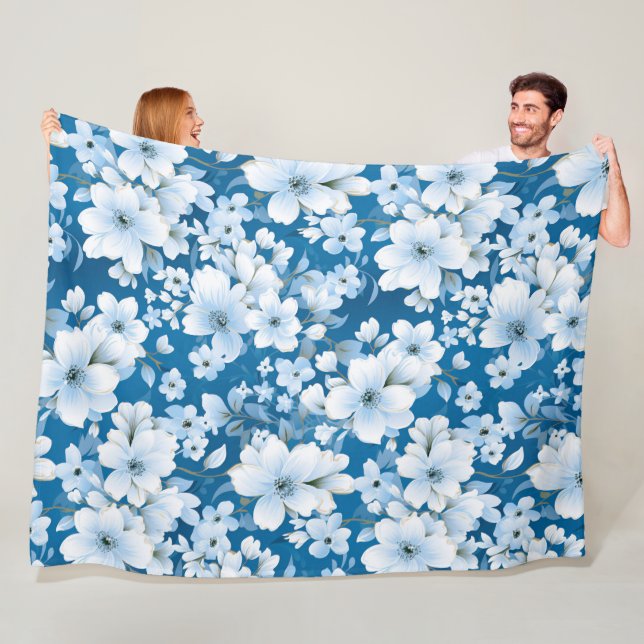 Cobertor De Velo padrão das flores brancas, fundo azul, (In Situ)