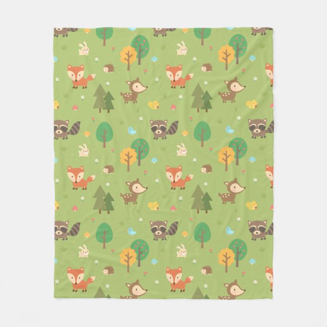Cobertor De Velo Padrão de Animais da Floresta Verde Fofo (Frente)