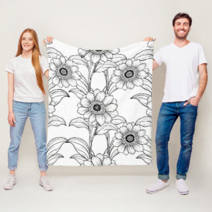 Cobertor De Velo Padrão de Arte de Linha Floral Preto e Branco Eleg