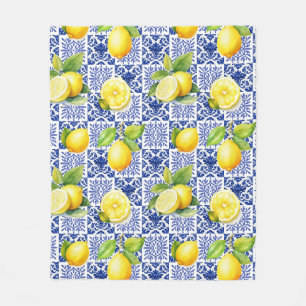 Cobertor De Velo Padrão de Azulejo de Limão Azul Branco Mediterrâne