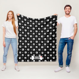 Cobertor De Velo Padrão de Corações e Pegadas de Cachorro Preto e B