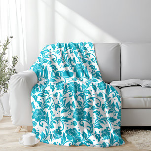 Cobertor De Velo Padrão de Damasco Floral Turquesa e Branco