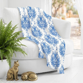 Cobertor De Velo Padrão de Damasco Mediterrâneo Azul Branco Elegant