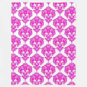 Cobertor De Velo Padrão de Damasco Rosa e Branco Chique Elegante Mo