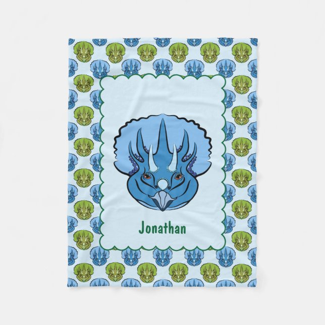 Cobertor De Velo Padrão de Dinossauro Verde e Azul do Tricerátopo (Frente)