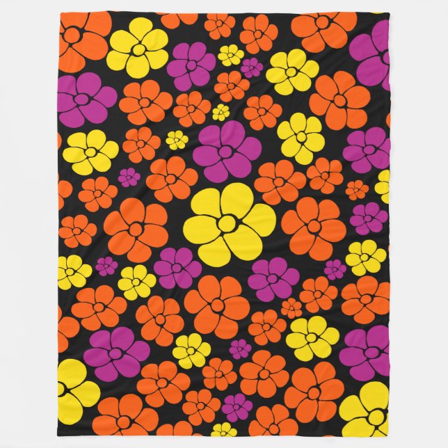 Cobertor De Velo Padrão de Flor - Preto, Rosa, Laranja e Amarelo (Frente)