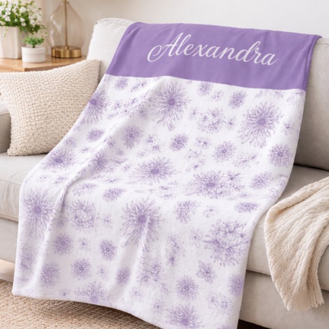 Cobertor De Velo Padrão de Flor Roxa Nome Personalizado  (Criador carregado)