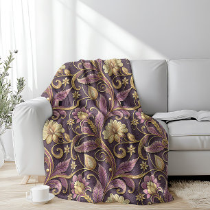 Cobertor De Velo Padrão de Flores Relevo Roxo e Dourado