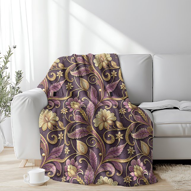 Cobertor De Velo Padrão de Flores Relevo Roxo e Dourado (Criador carregado)