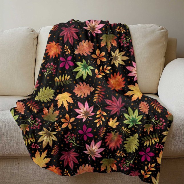 Cobertor De Velo Padrão de Folhas de outono de Colheita em Preto (Harvest Fall Autumn Leaves Pattern on Black Fleece Blanket)
