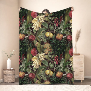 Cobertor De Velo Padrão de frutas folhas tropicais pretas elegante