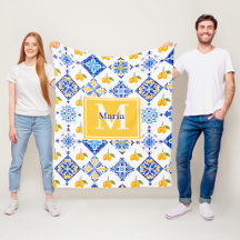 Padrão de Limão Country Francês Azul Monograma Nom