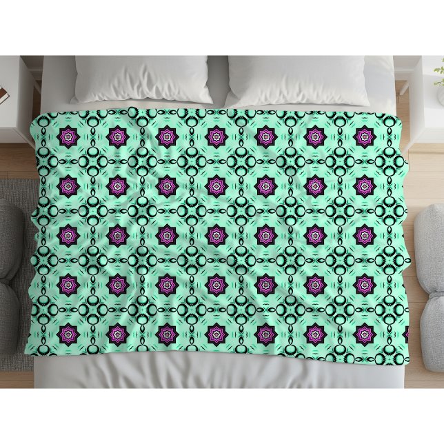Cobertor De Velo Padrão de mandala geométrica verde menta e roxo (Criador carregado)