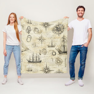 Cobertor De Velo Padrão de Mapa Náutico Vintage com Navios e Bússol
