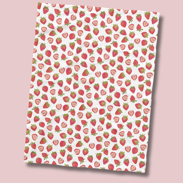 Cobertor De Velo Padrão de Morango (Strawberry fruit pattern fleece blanket, ideal with summer living, nursery interior & girls bedroom.)