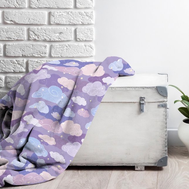 Cobertor De Velo Padrão de Nuvens e Estrelas de Pastel Whimsical (Whimsical Purple Sky & Clouds Pattern Fleece Blanket)