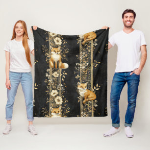 Cobertor De Velo Padrão de Raposa Botânica Preto e Dourado de Luxo 