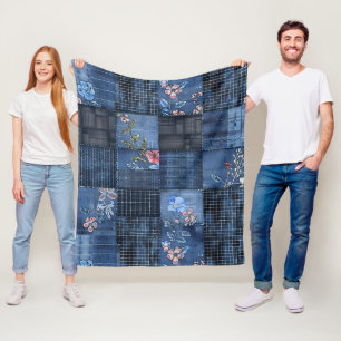 Cobertor De Velo Padrão de Remendo Floral Índigo Denim Boho
